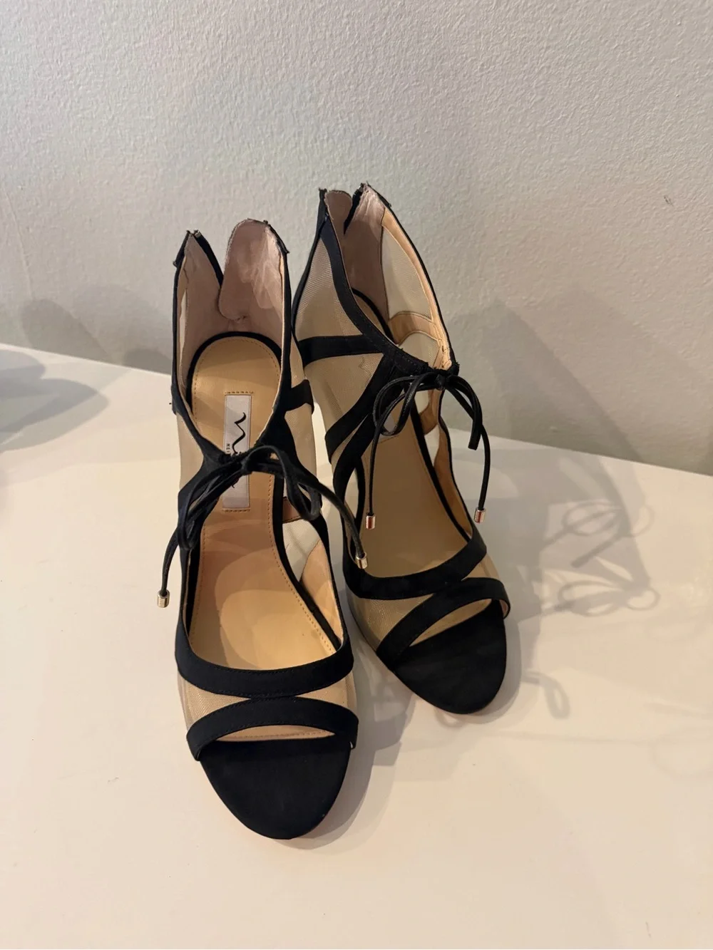 Nina New York Black Lace-Up Mesh High Heel Sandals Size 9M